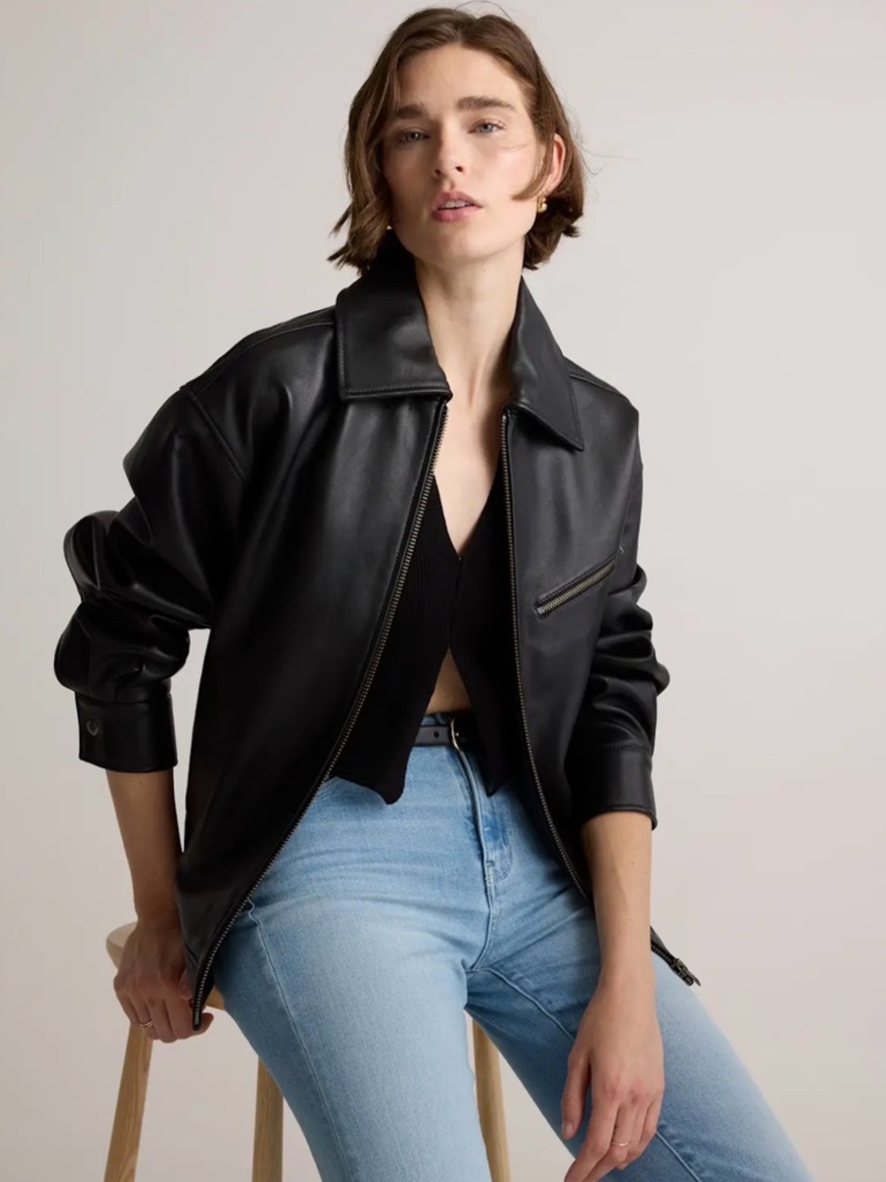 Quince 100% Leather Oversized Bomber Jacket True Black Medium NWT